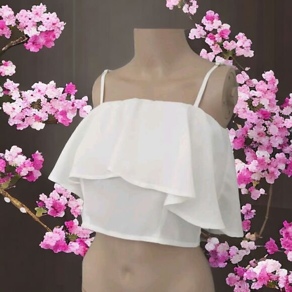 Y2K Ruffled Crop Top Cami Vanilla White Adjustable Spaghetti Straps Zipper Back. - Picture 15 of 16